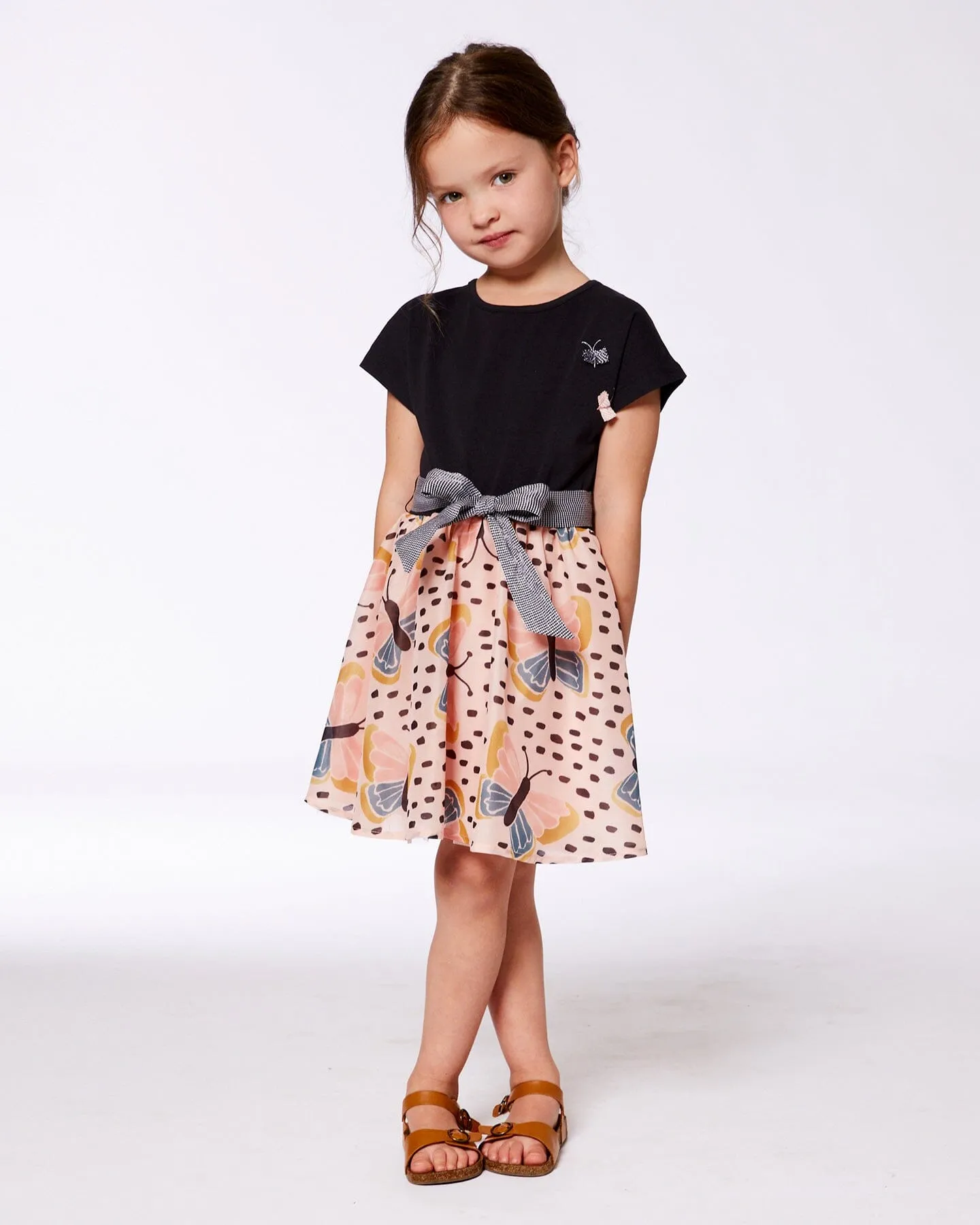 Bi-Material Dress With Printed Skirt Black, Pink, And Butterflies
