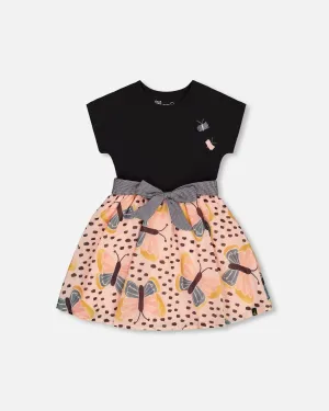 Bi-Material Dress With Printed Skirt Black, Pink, And Butterflies