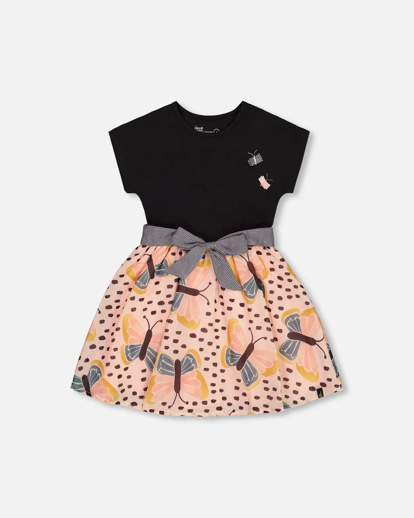 Bi-Material Dress With Printed Skirt Black, Pink, And Butterflies