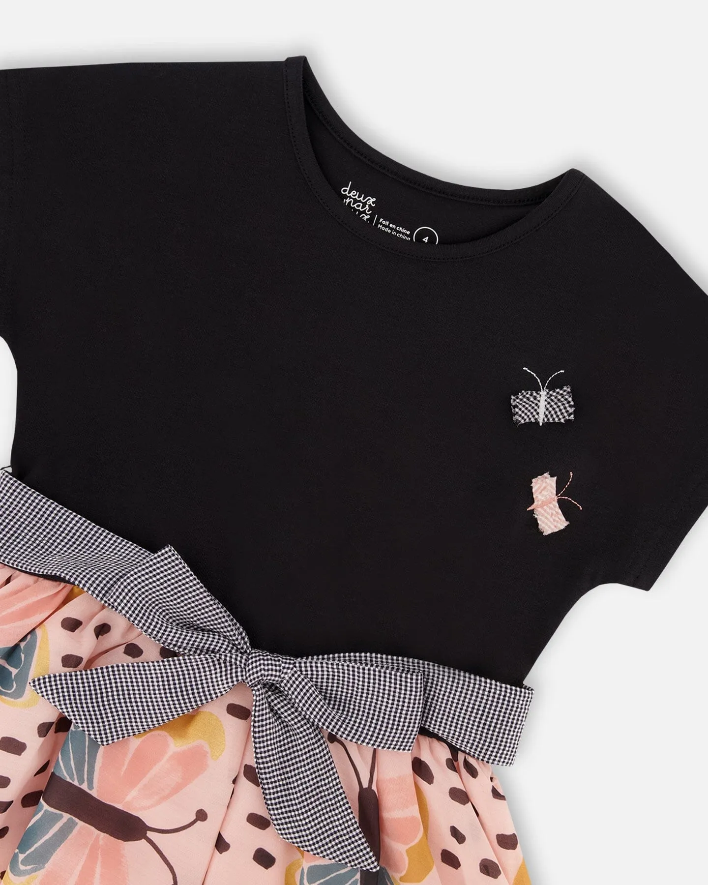 Bi-Material Dress With Printed Skirt Black, Pink, And Butterflies