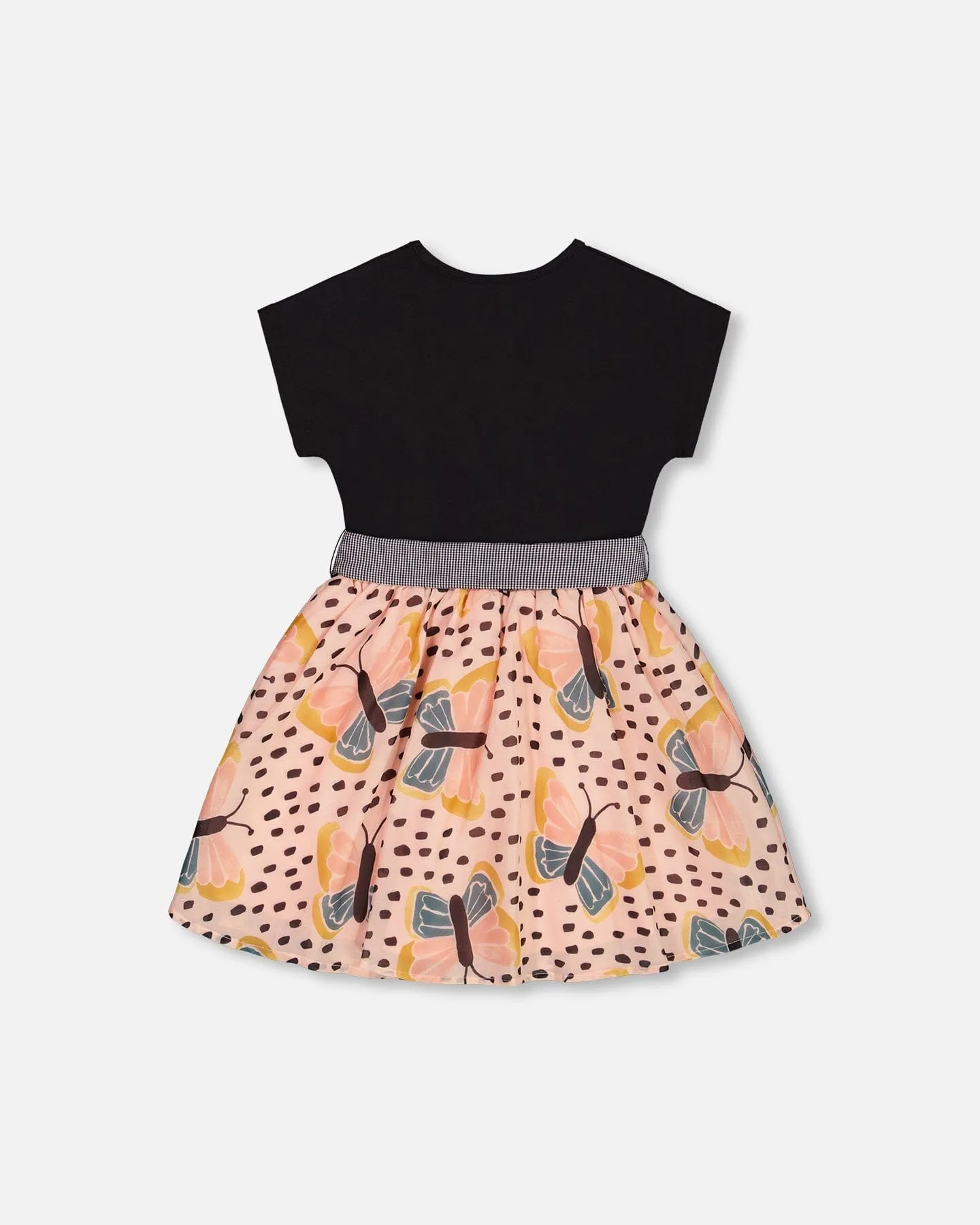 Bi-Material Dress With Printed Skirt Black, Pink, And Butterflies