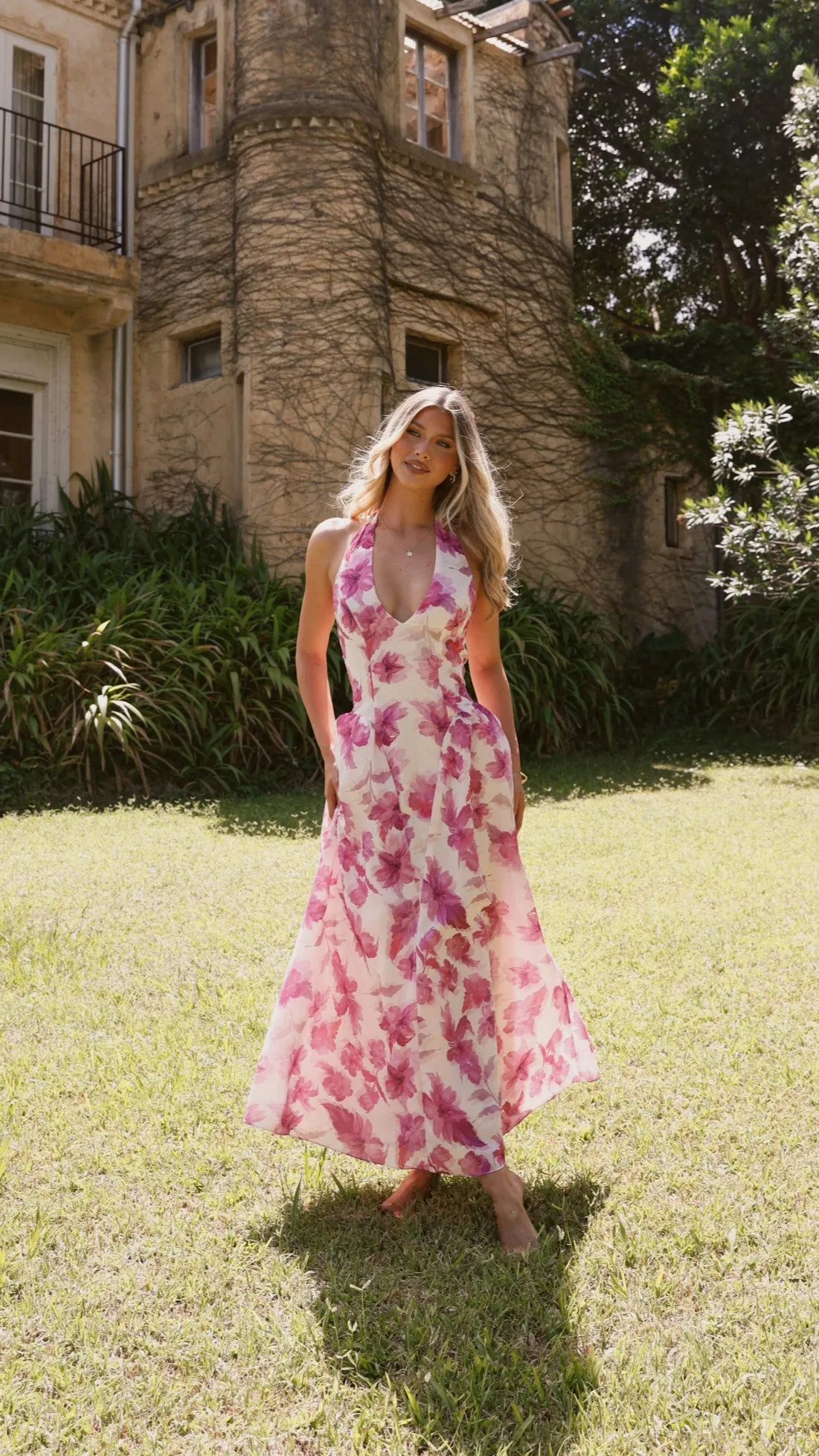 Bryony Halter Neck Maxi Dress - Pink Floral Billy J