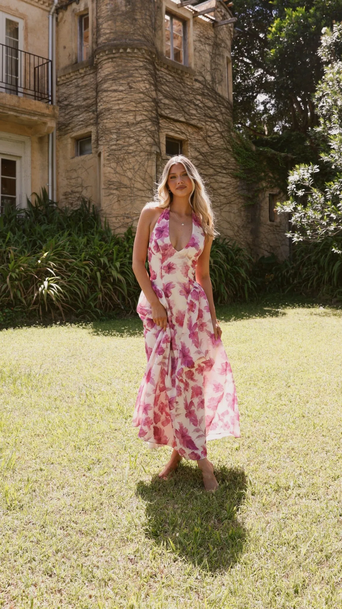 Bryony Halter Neck Maxi Dress - Pink Floral Billy J