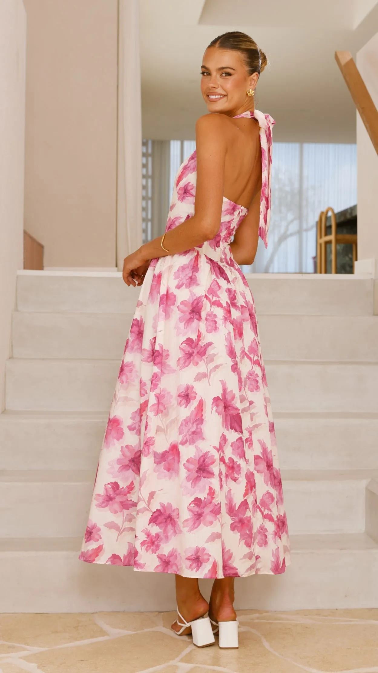 Bryony Halter Neck Maxi Dress - Pink Floral Billy J