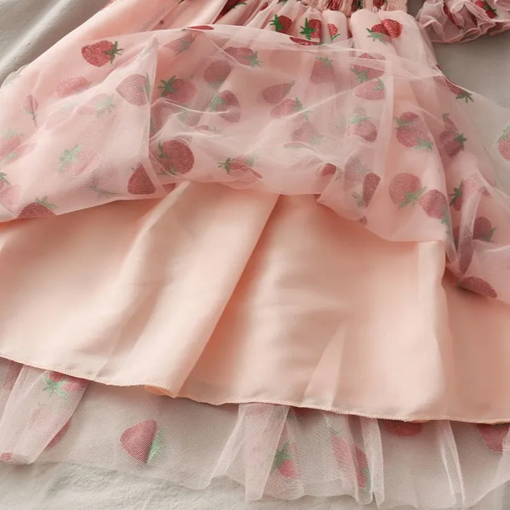 Chiffon Strawberry Puff Sleeve Dress
