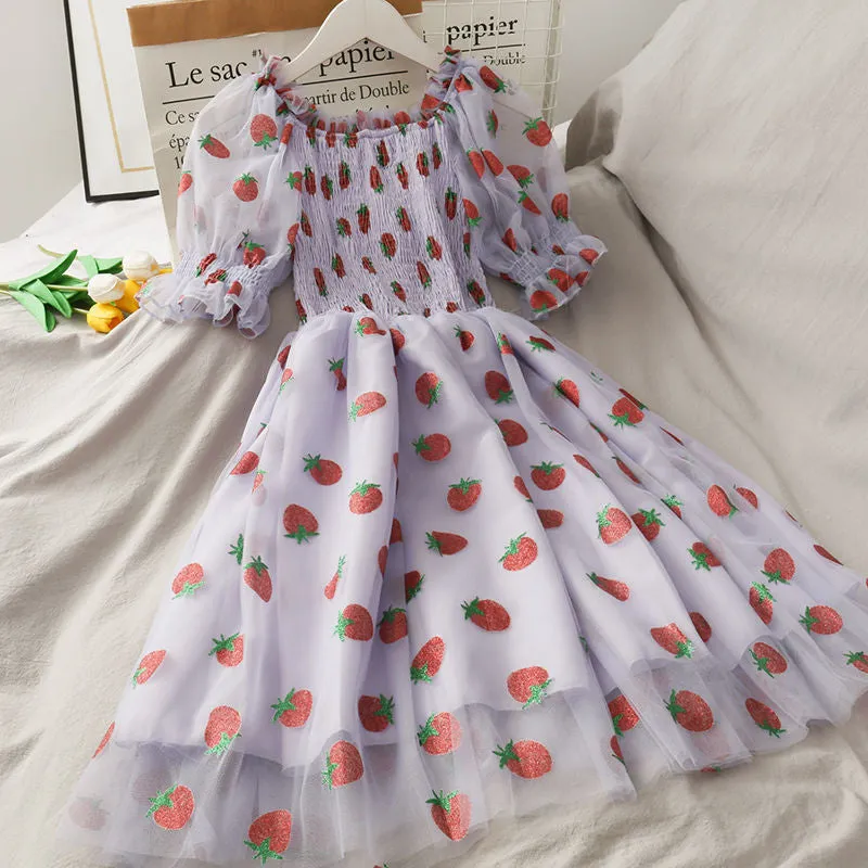 Chiffon Strawberry Puff Sleeve Dress