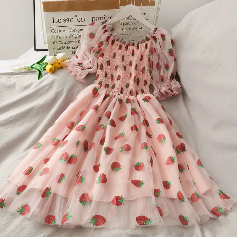 Chiffon Strawberry Puff Sleeve Dress