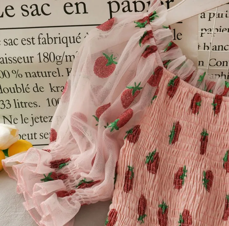 Chiffon Strawberry Puff Sleeve Dress