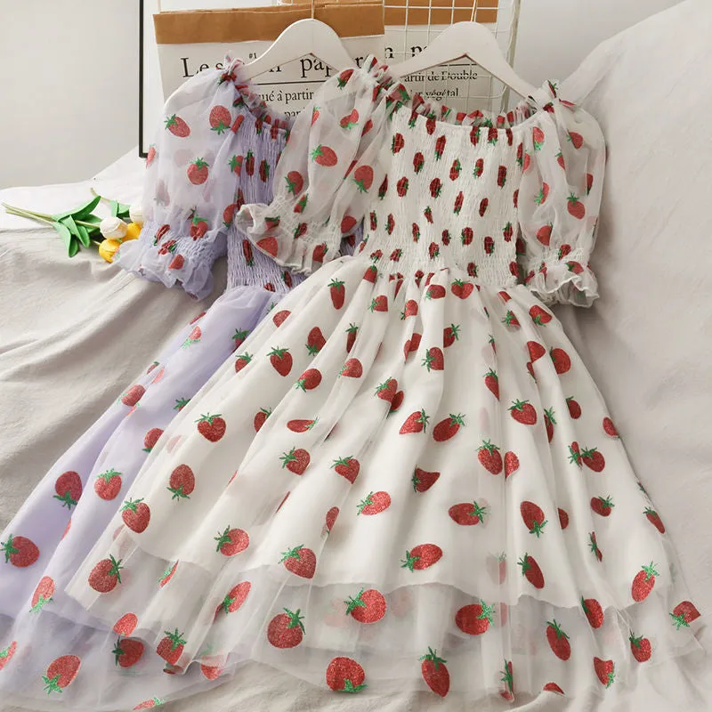 Chiffon Strawberry Puff Sleeve Dress