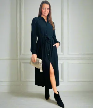 Chrissie Black Belted Midaxi Shirt Dress