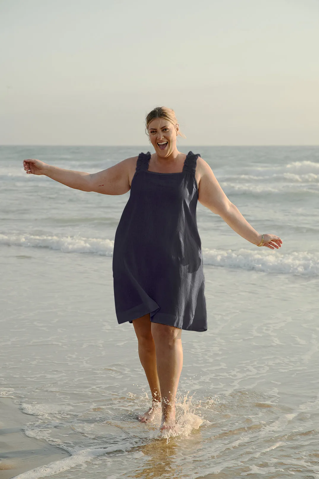 Claire Short Linen Dress in Navy Adrift
