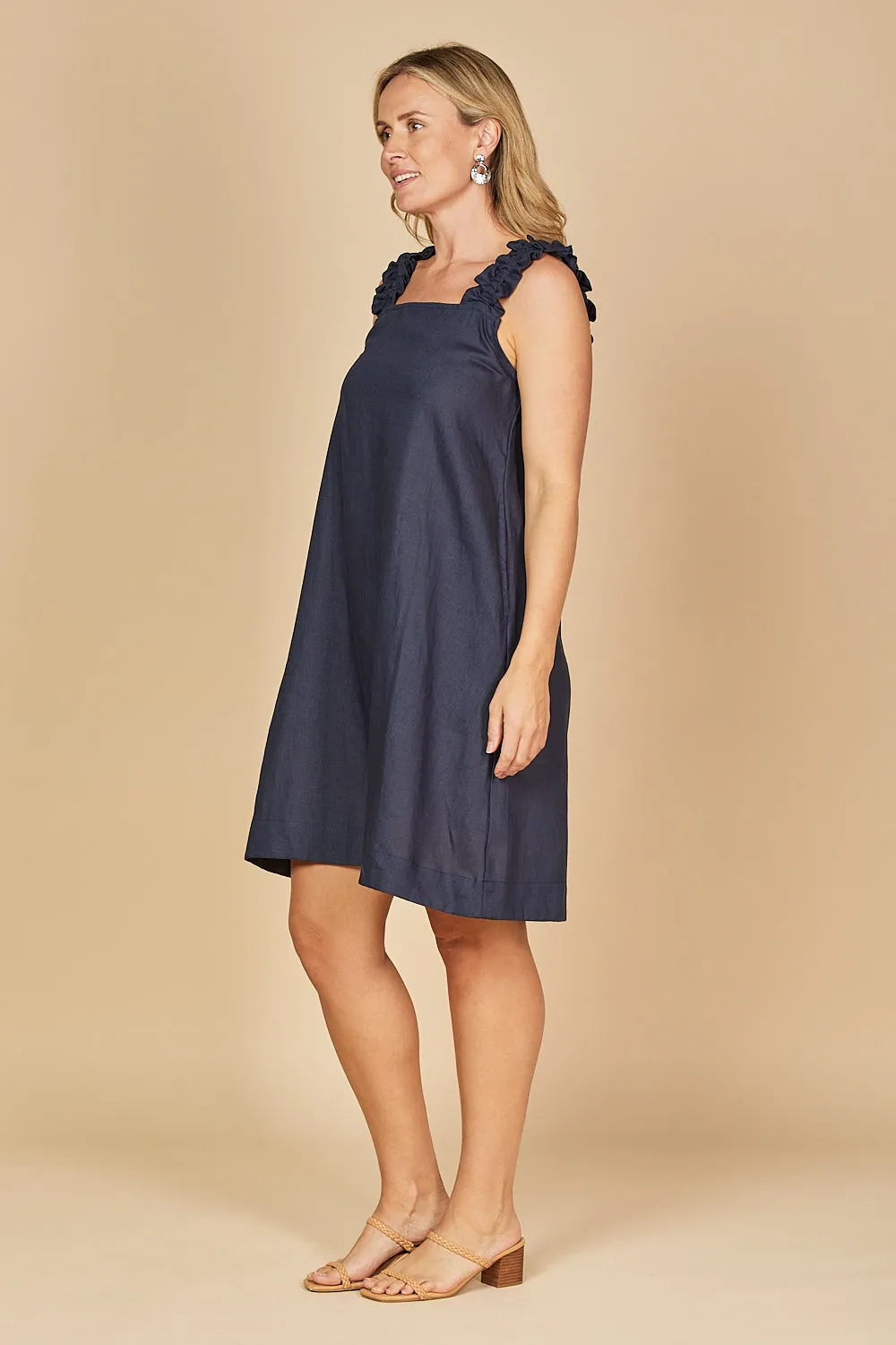 Claire Short Linen Dress in Navy Adrift