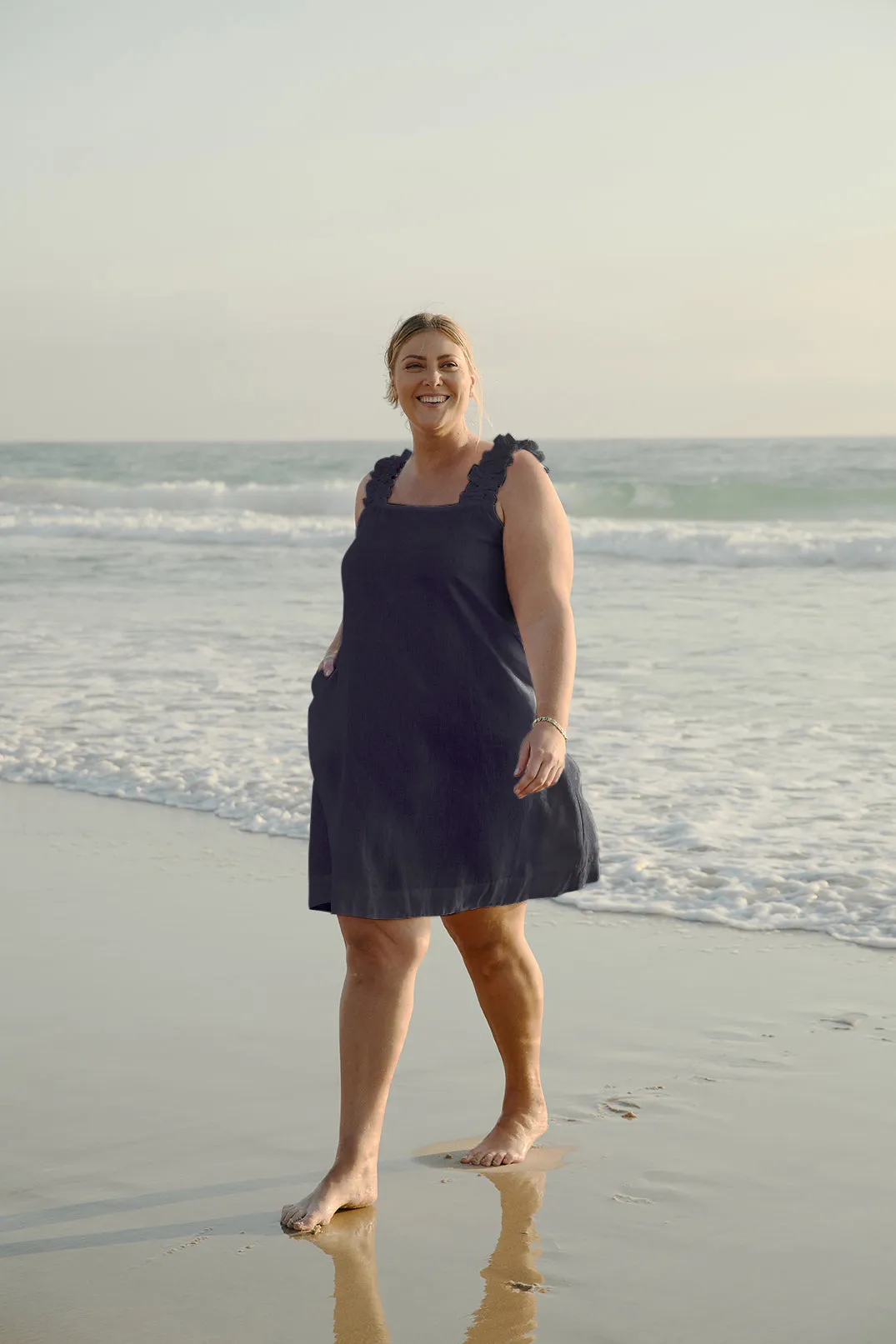 Claire Short Linen Dress in Navy Adrift