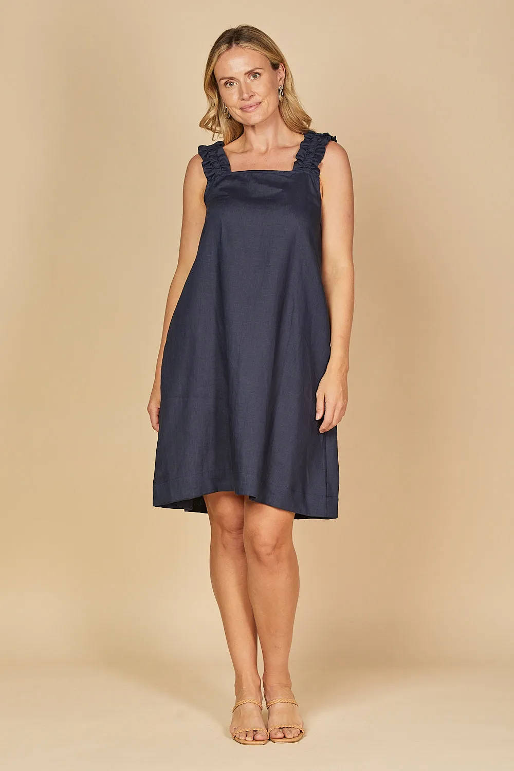 Claire Short Linen Dress in Navy Adrift