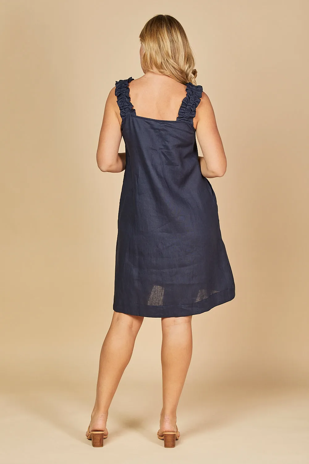 Claire Short Linen Dress in Navy Adrift