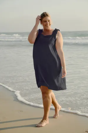 Claire Short Linen Dress in Navy Adrift