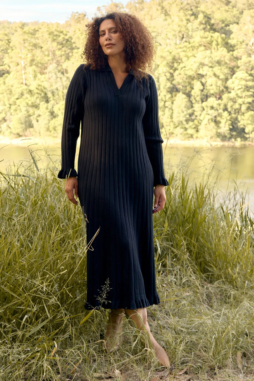 Collared Knitted Swing Dress in Black Adrift