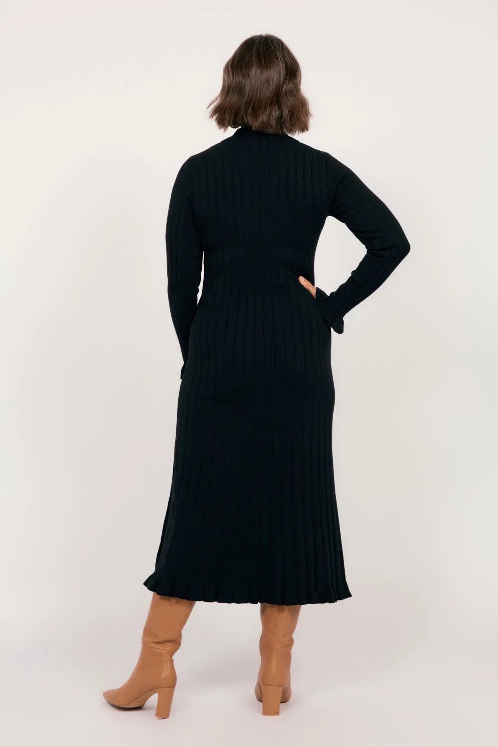 Collared Knitted Swing Dress in Black Adrift