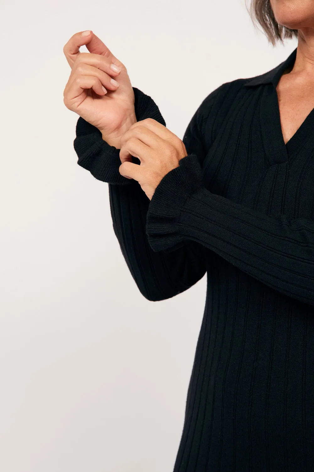 Collared Knitted Swing Dress in Black Adrift