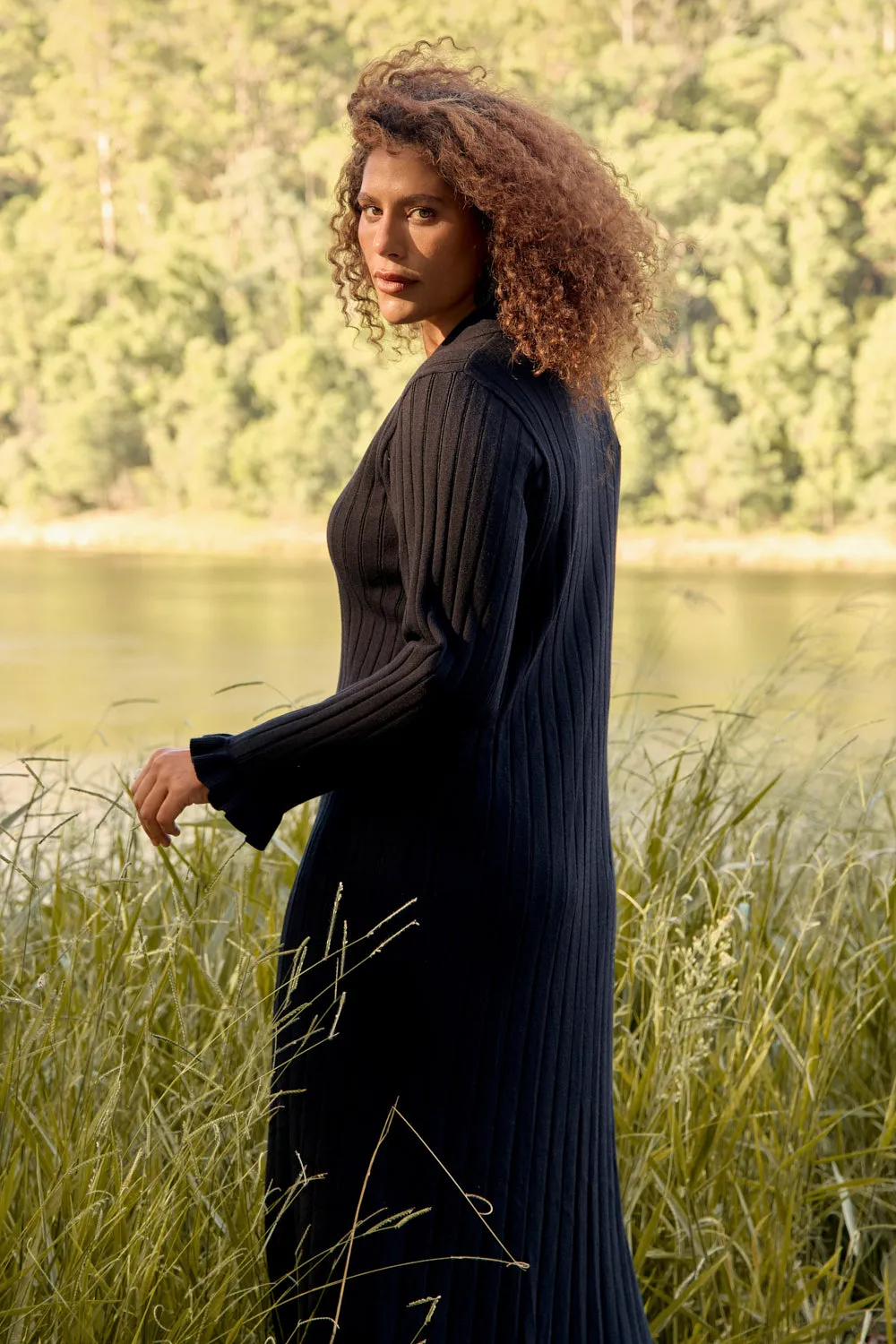Collared Knitted Swing Dress in Black Adrift