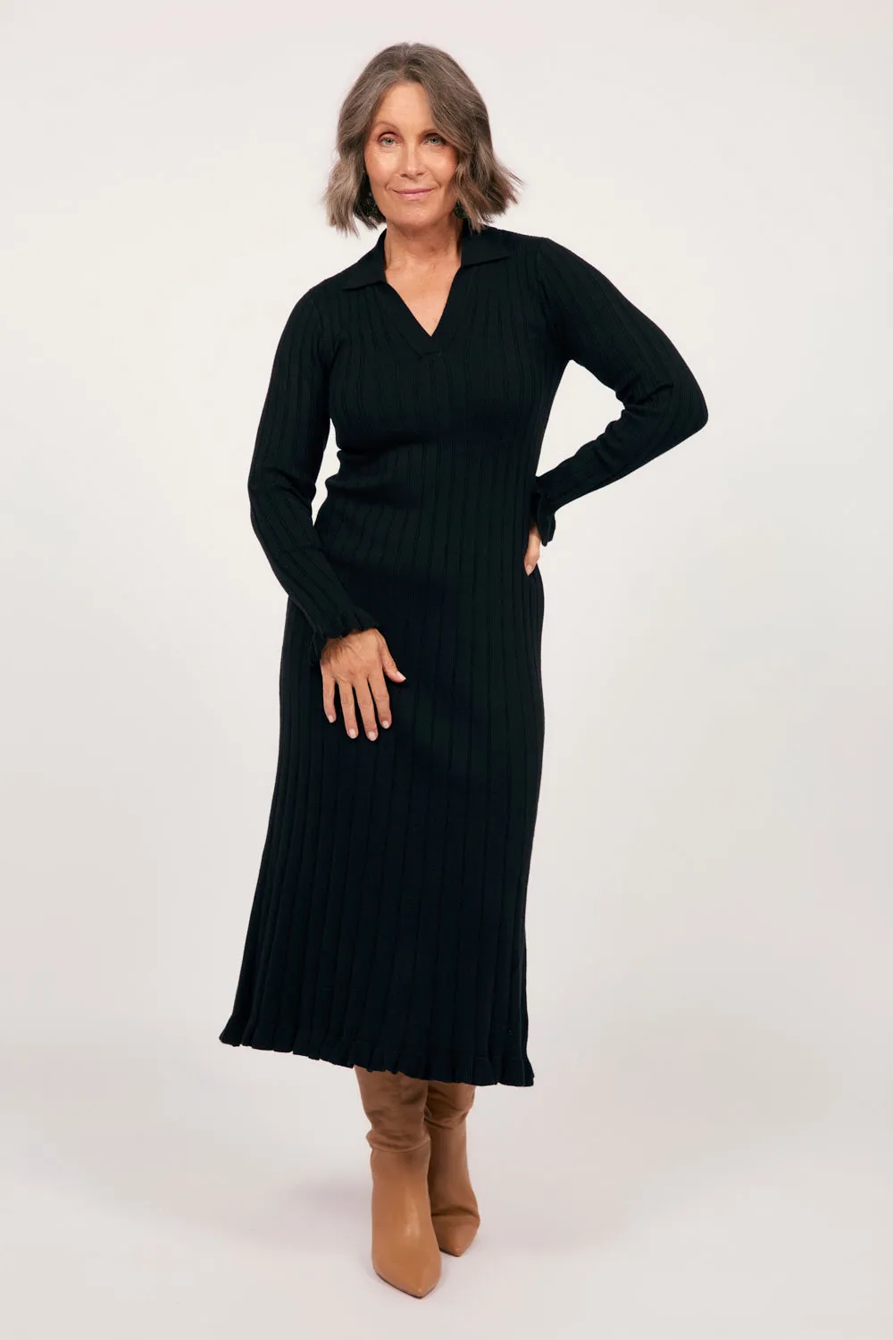 Collared Knitted Swing Dress in Black Adrift