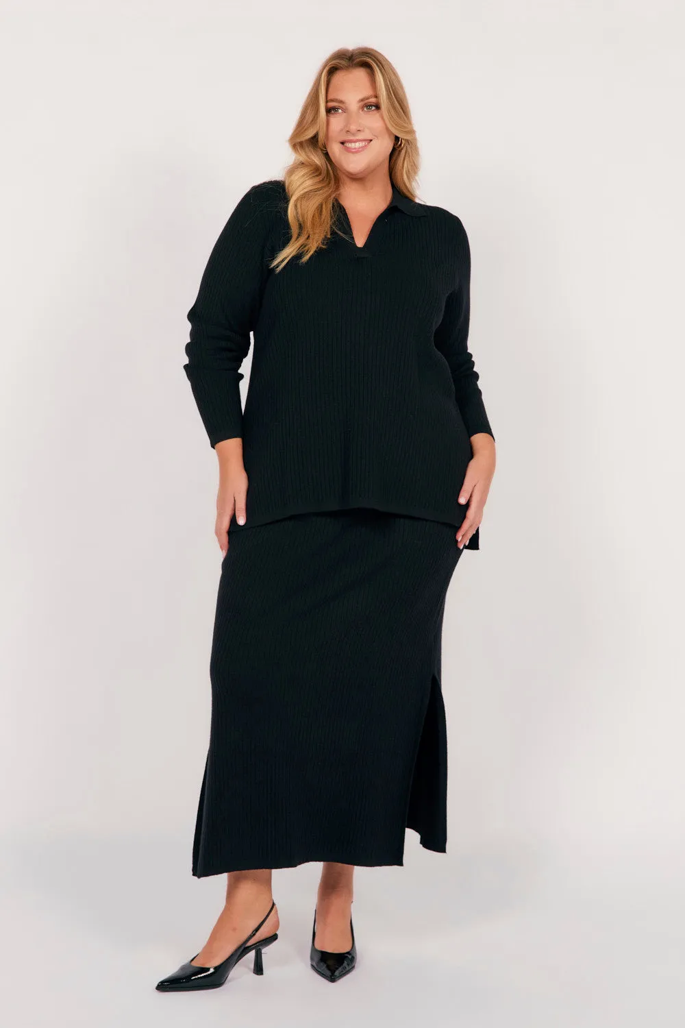 Collared Knitted Swing Dress in Black Adrift