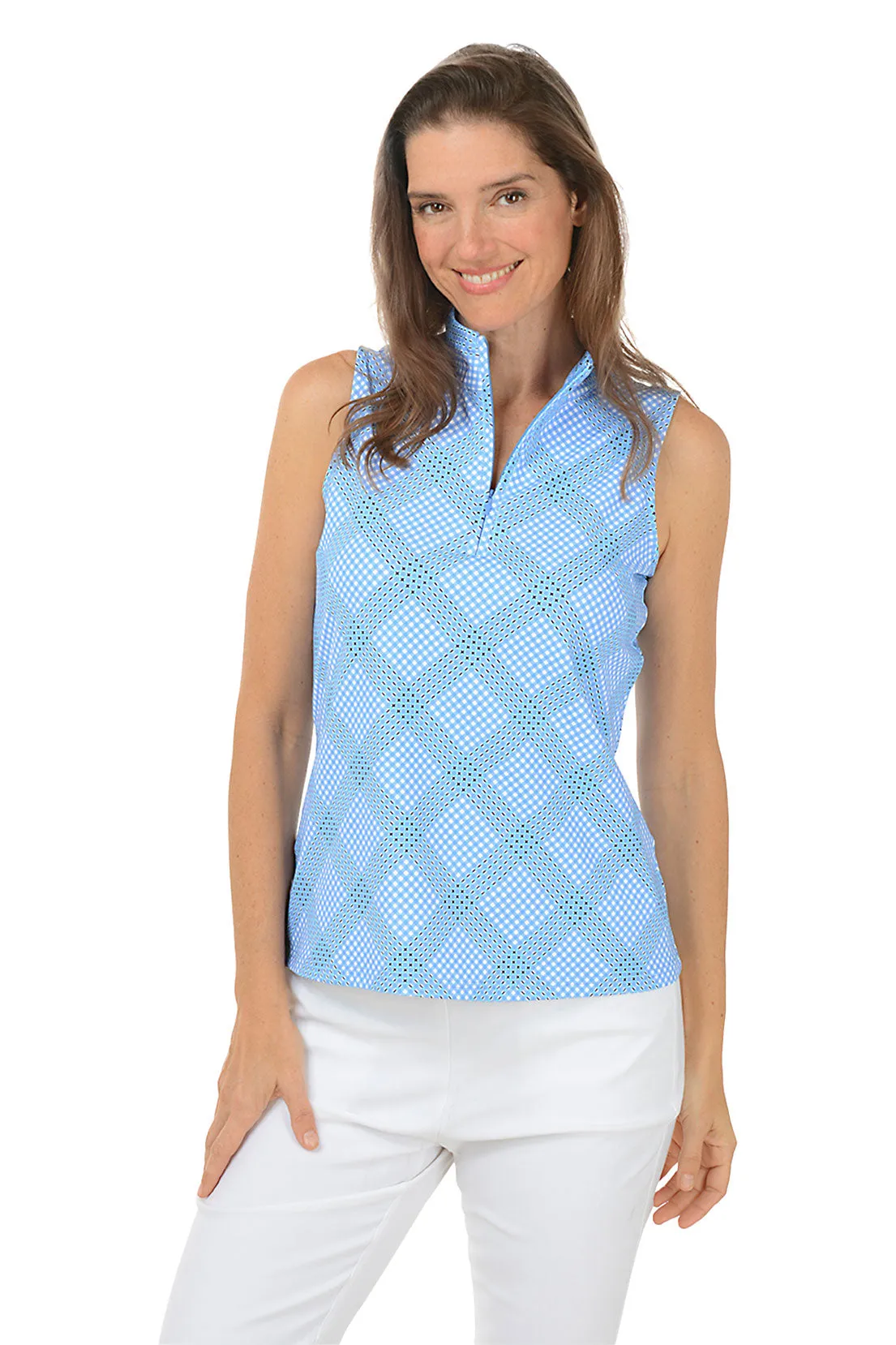 Diagonal Gingham UPF50  Sleeveless Zip Top