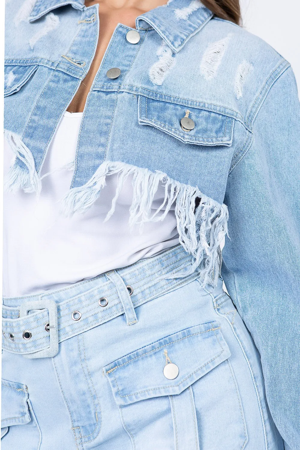 Distressed Denim Jacket with Frayed Hem Anna Kay Co