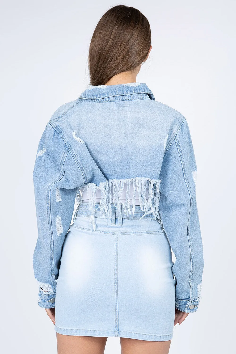 Distressed Denim Jacket with Frayed Hem Anna Kay Co