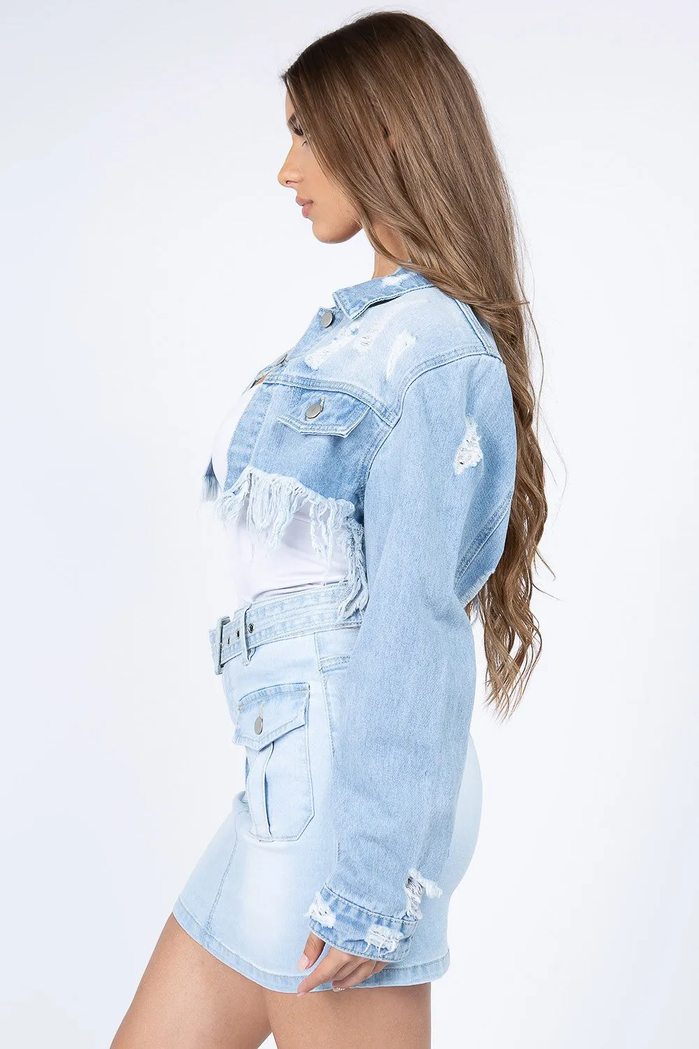 Distressed Denim Jacket with Frayed Hem Anna Kay Co