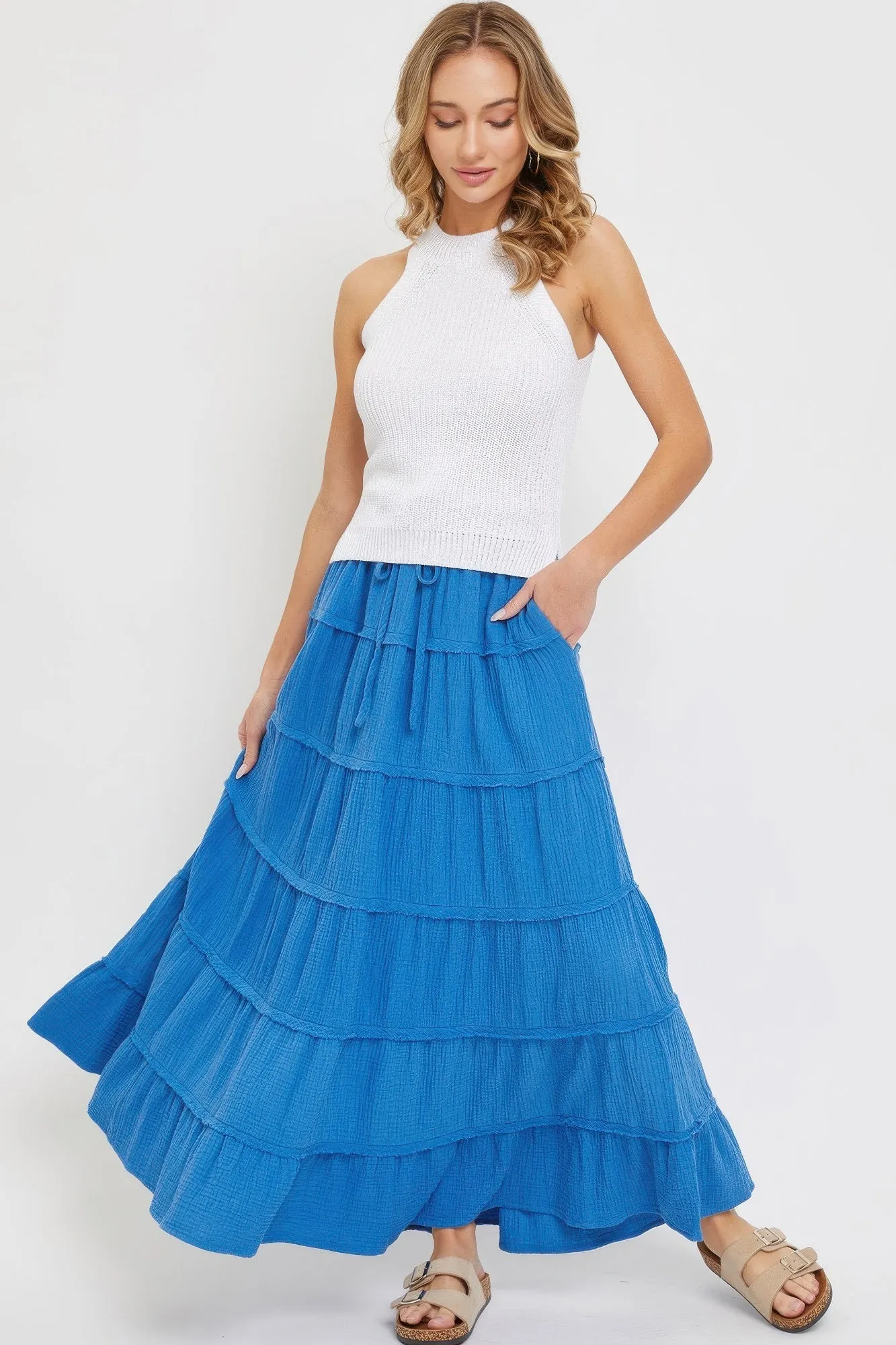 FASHNZFAB Cotton Gauze Tiered Maxi Skirt