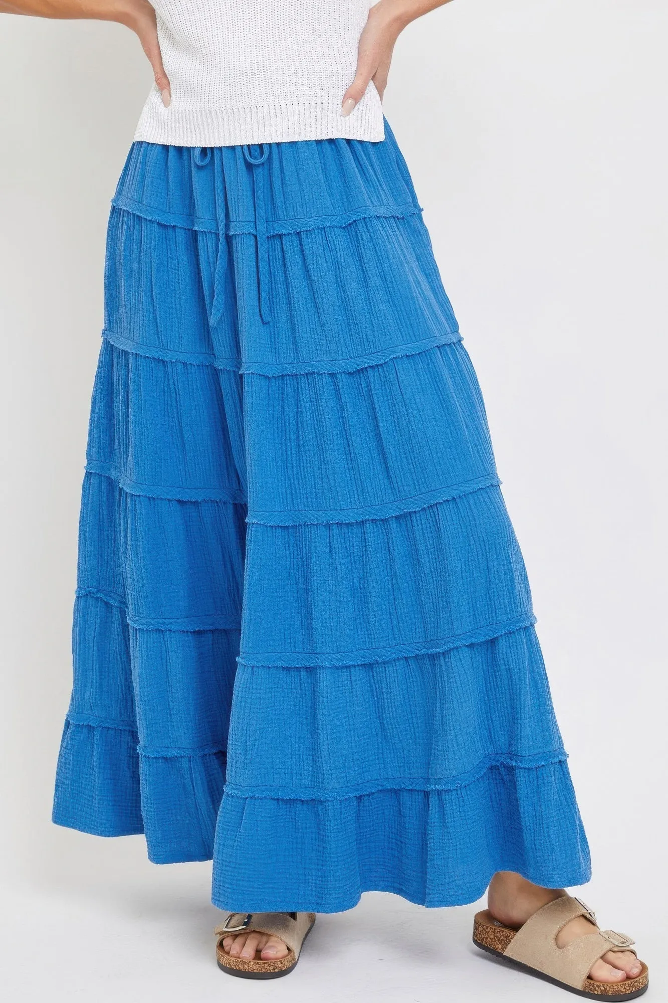 FASHNZFAB Cotton Gauze Tiered Maxi Skirt