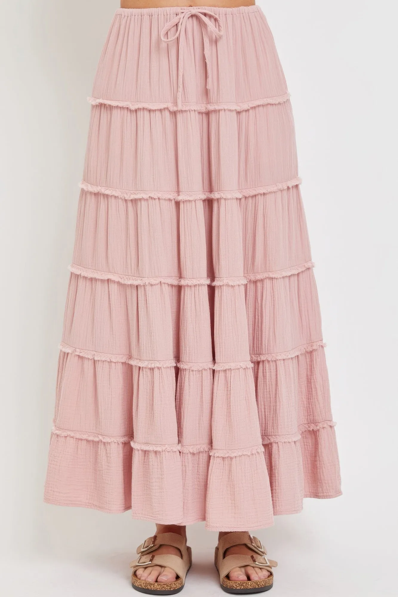 FASHNZFAB Cotton Gauze Tiered Maxi Skirt