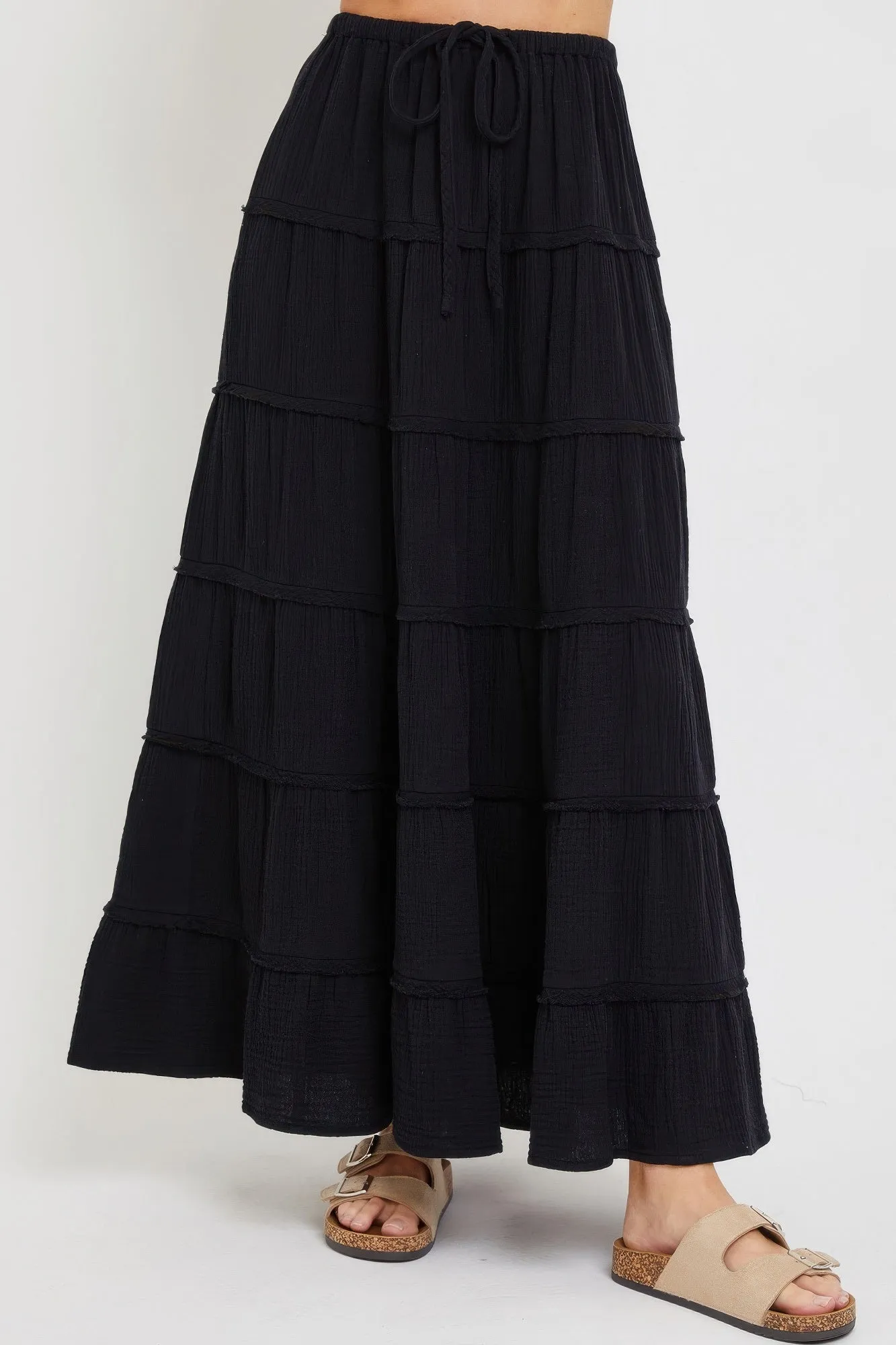FASHNZFAB Cotton Gauze Tiered Maxi Skirt