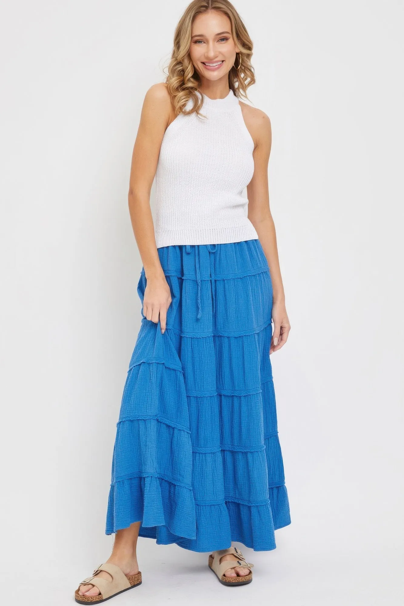 FASHNZFAB Cotton Gauze Tiered Maxi Skirt