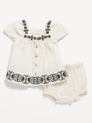 Flutter-Sleeve Embroidered Top & Bloomer Shorts Set for Baby