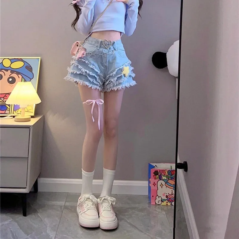 Frilly Denim Star Shorts And Chain