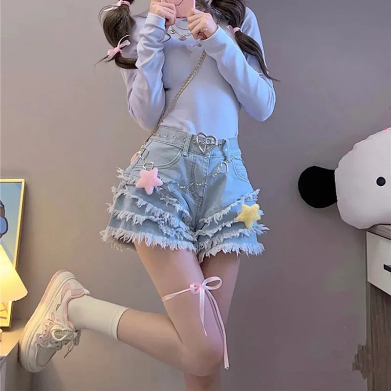 Frilly Denim Star Shorts And Chain