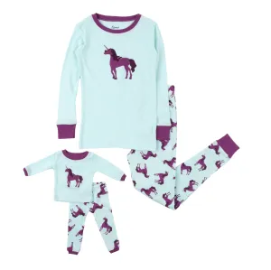 Girls and Matching Doll Cotton Pajamas Unicorn Purple