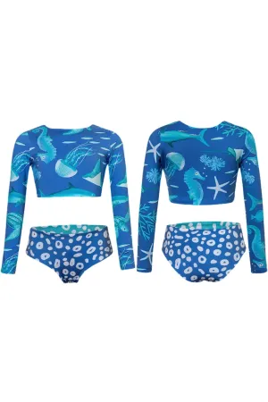 Girls Sea Life Long Sleeve Bikini In Blue