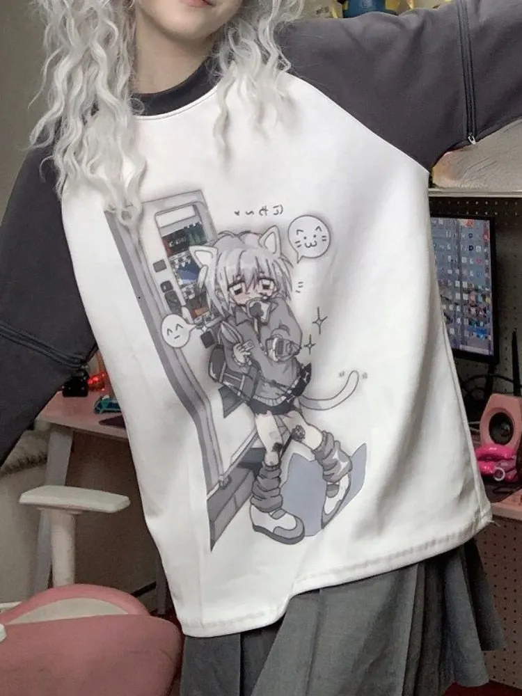 Grey Neko Girl Detachable Sleeve Tee