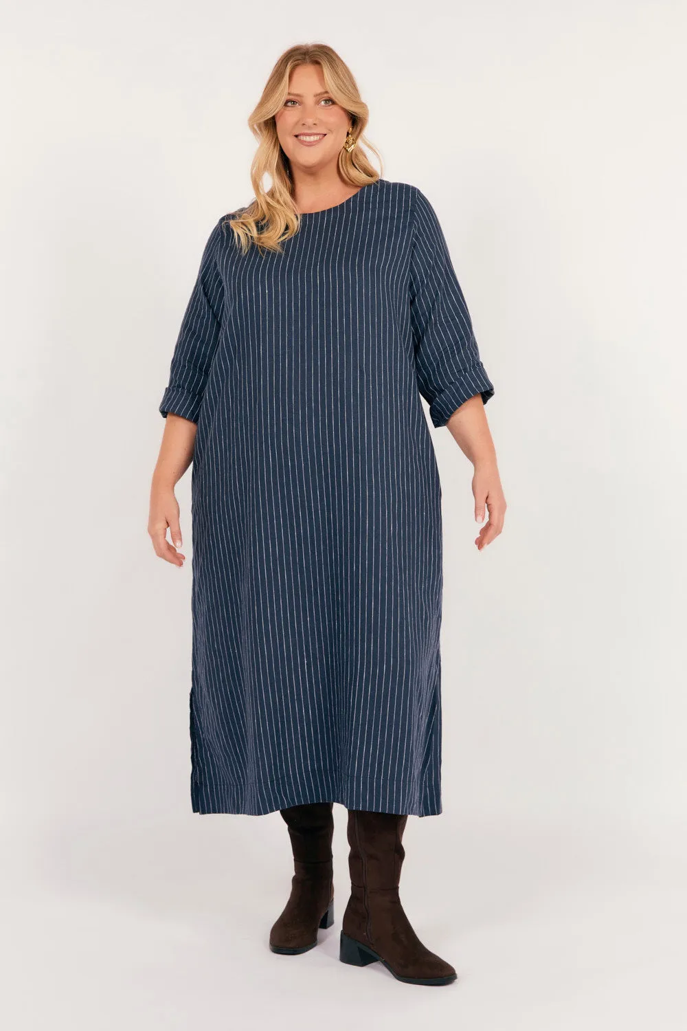 Jarla Linen Midi Dress in Pinstripe Adrift