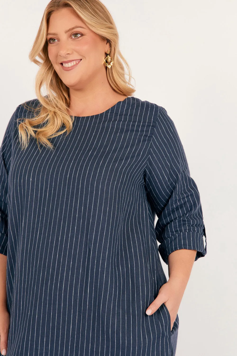 Jarla Linen Midi Dress in Pinstripe Adrift