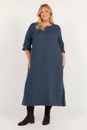 Jarla Linen Midi Dress in Pinstripe Adrift