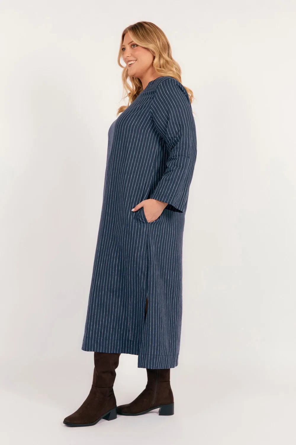 Jarla Linen Midi Dress in Pinstripe Adrift
