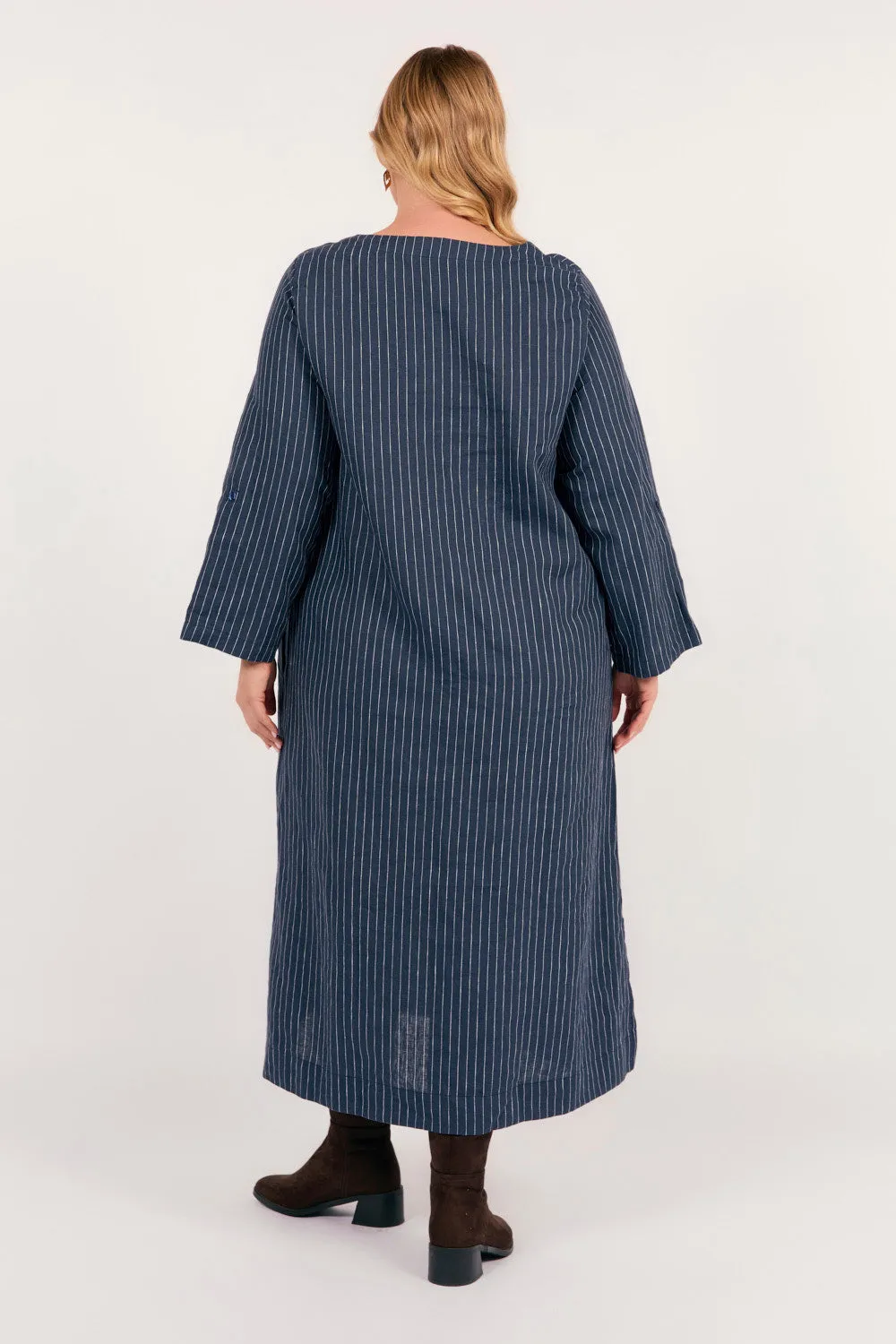 Jarla Linen Midi Dress in Pinstripe Adrift
