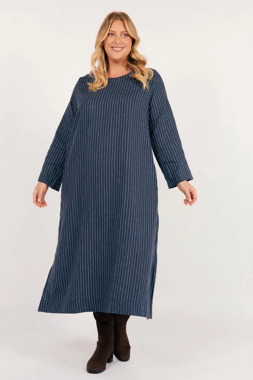 Jarla Linen Midi Dress in Pinstripe Adrift