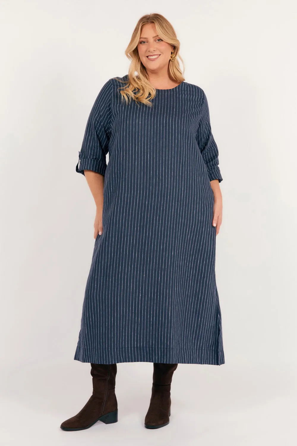 Jarla Linen Midi Dress in Pinstripe Adrift