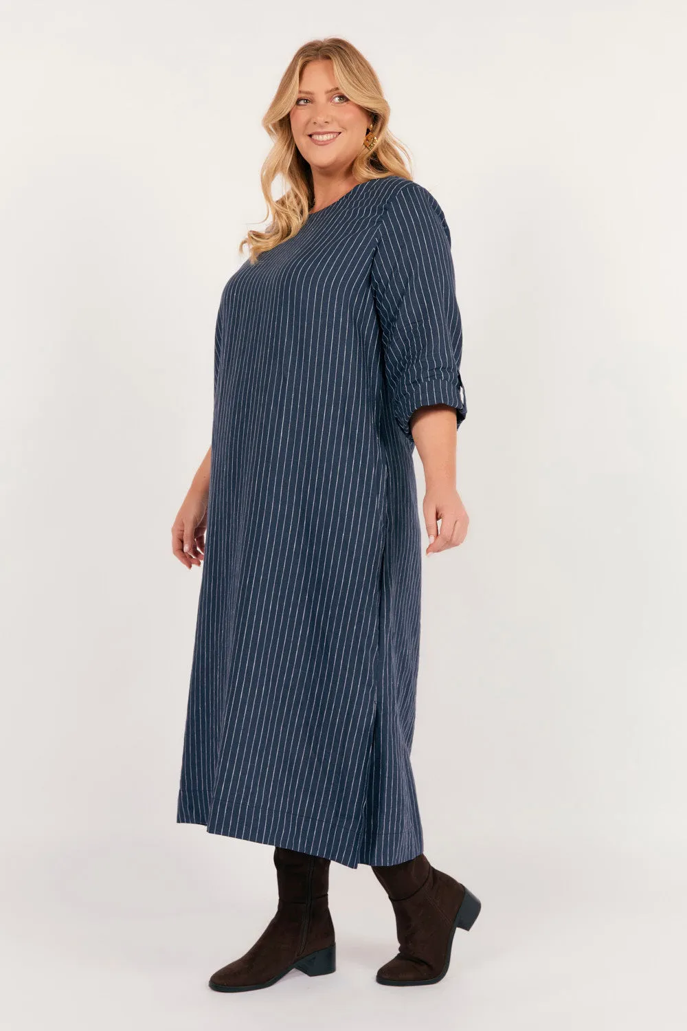 Jarla Linen Midi Dress in Pinstripe Adrift
