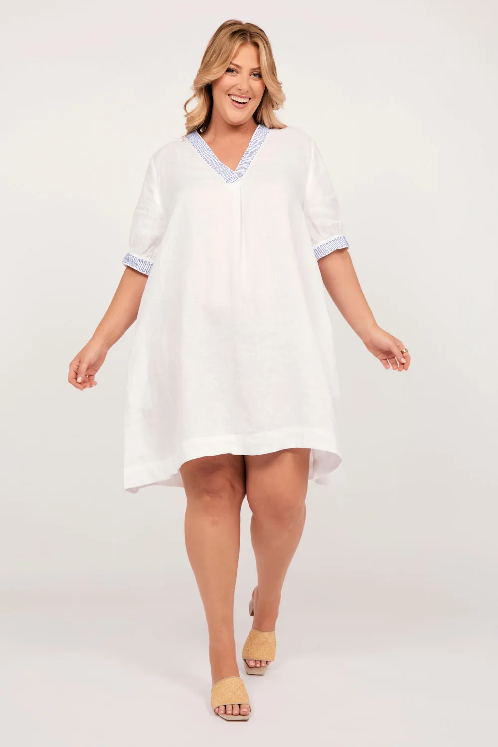 Kora A-Line Puff Sleeve Linen Dress in Island Breeze Adrift